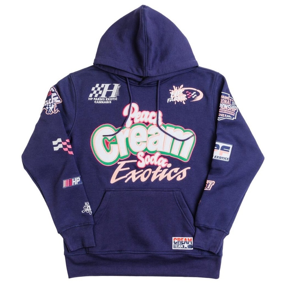 Graphic Strains Navy Blue Cream Hoodie with Colorful Logos